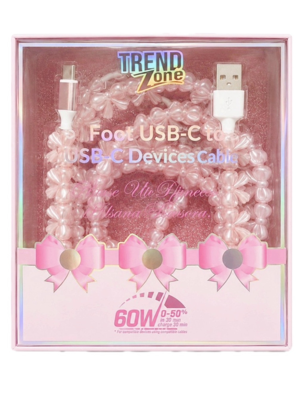 NIB Trend Zone Pink Bows Beaded USB-C Cable